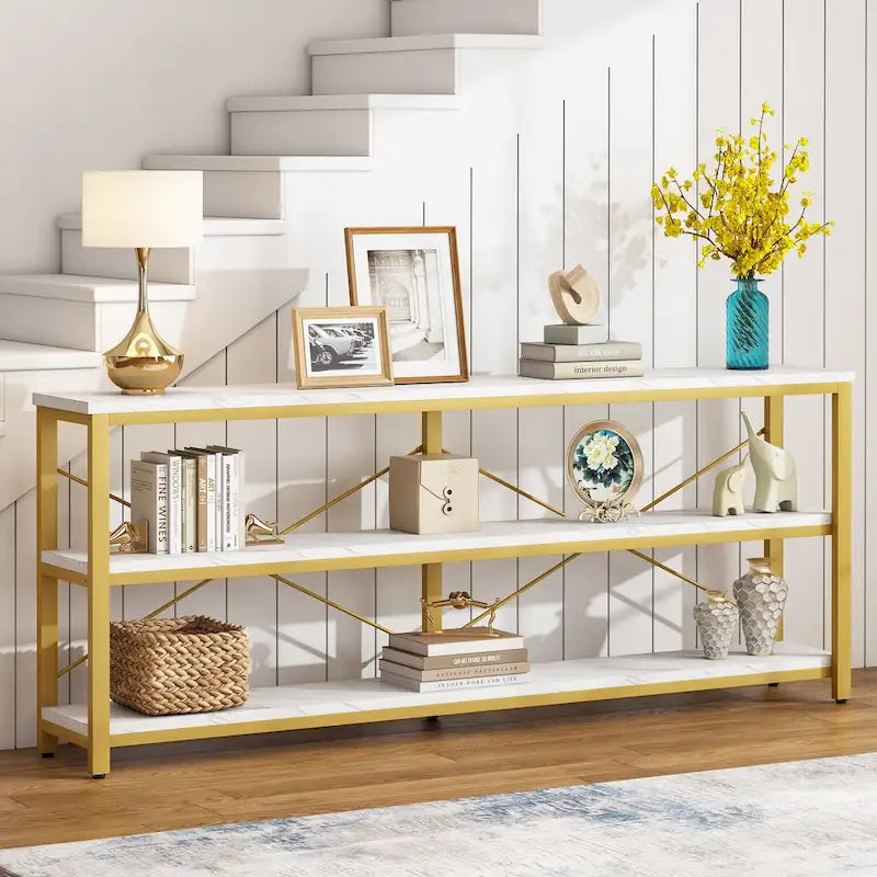 70.8 Extra Long Narrow Console Table Sofa Table Entryway Table with 3 Tiers Storage Shelves