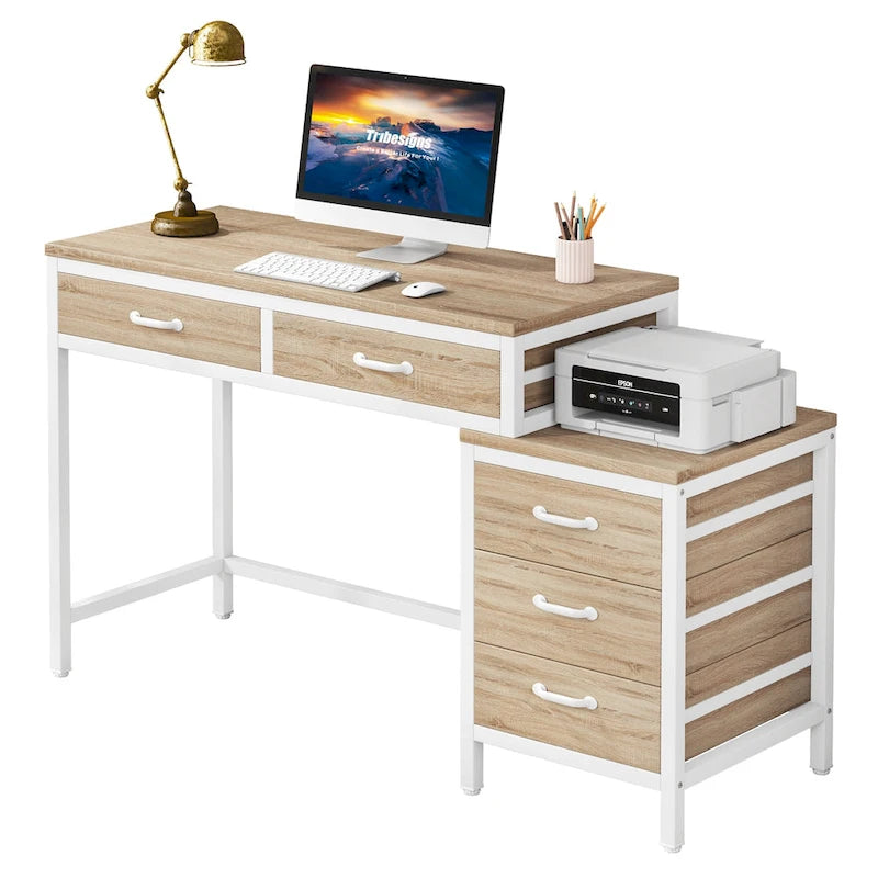 5 Drawers Computer Desk, Study Writing Desk with Reversible Filing Cabinet for Home Office