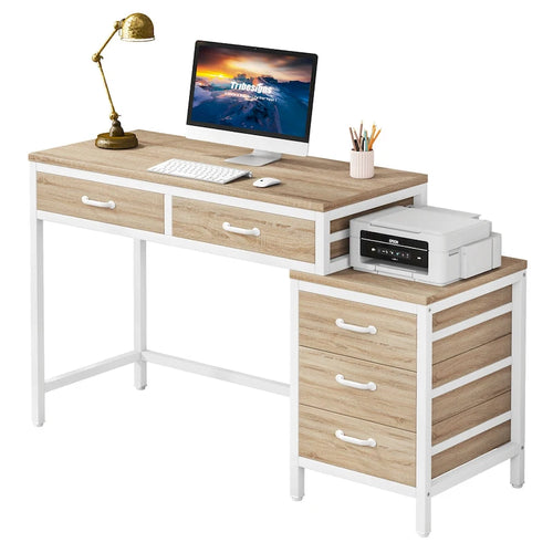 5 Drawers Computer Desk, Study Writing Desk with Reversible Filing Cabinet for Home Office