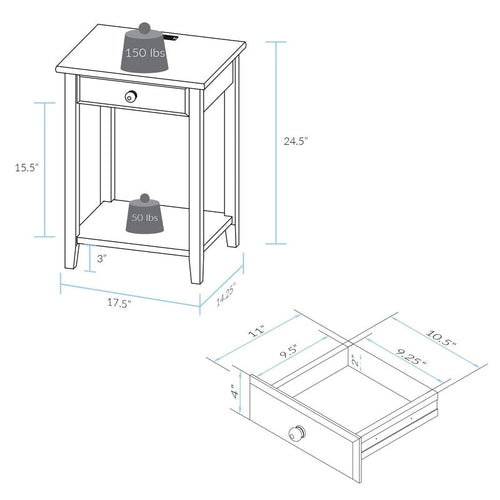 1-drawer Solid Wood Nightstand with USB Ports