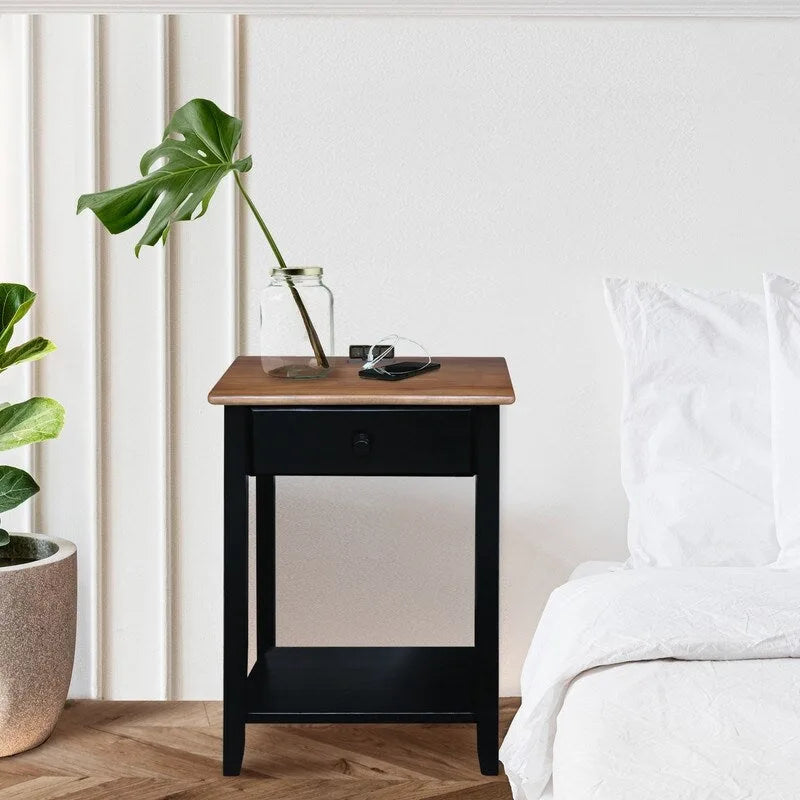 1-drawer Solid Wood Nightstand with USB Ports
