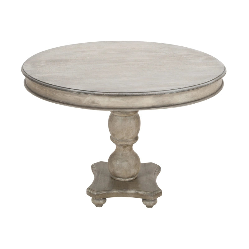 42 Inch Handcrafted Mango Wood Dining Table, Pedestal Base, Round Molded Top, Washed White, Gray