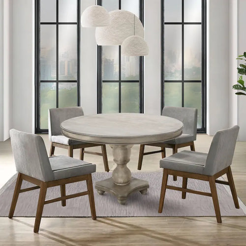 42 Inch Handcrafted Mango Wood Dining Table, Pedestal Base, Round Molded Top, Washed White, Gray