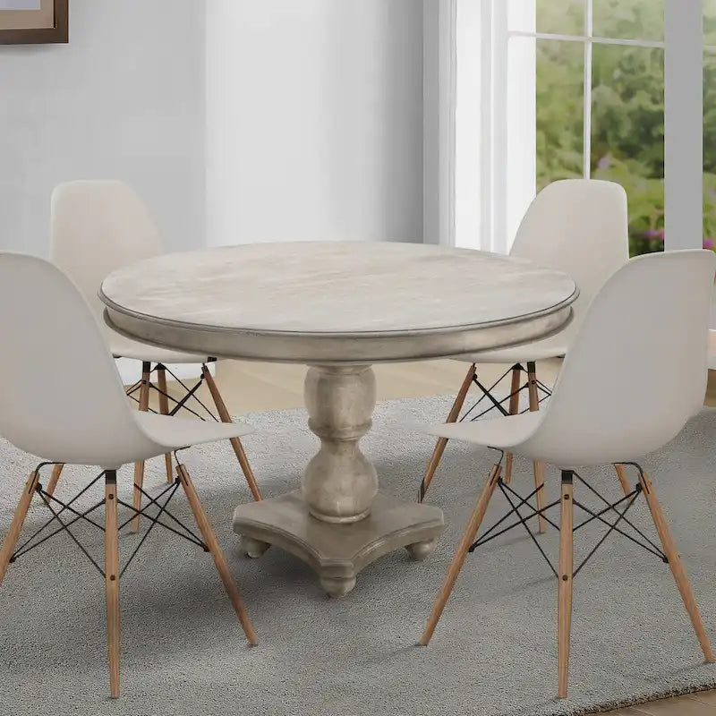 42 Inch Handcrafted Mango Wood Dining Table, Pedestal Base, Round Molded Top, Washed White, Gray