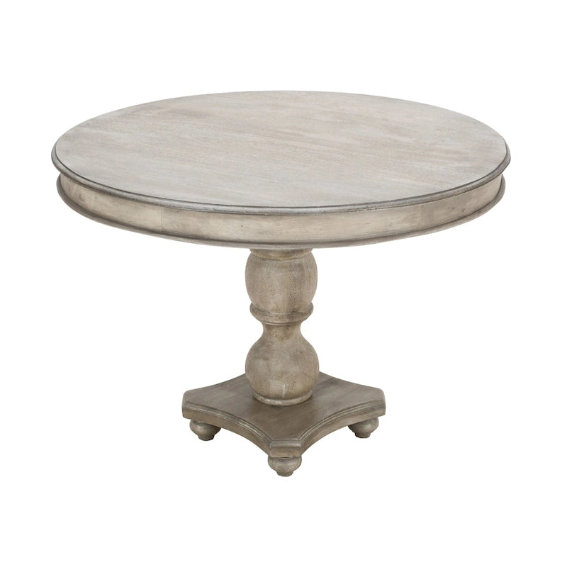 42 Inch Handcrafted Mango Wood Dining Table, Pedestal Base, Round Molded Top, Washed White, Gray