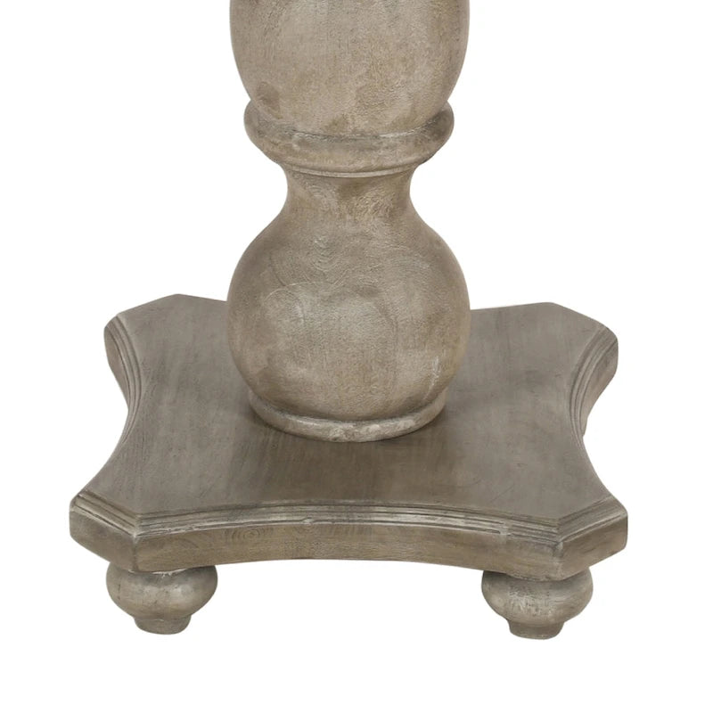 42 Inch Handcrafted Mango Wood Dining Table, Pedestal Base, Round Molded Top, Washed White, Gray
