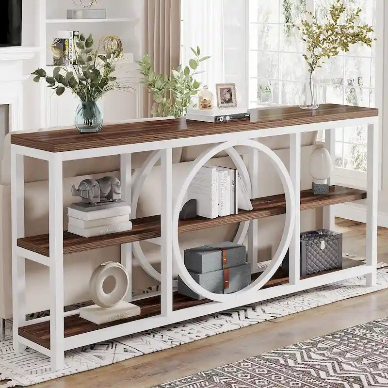 70.9-inche Sofa Console Table with Creative Metal Leg Design, 3 Tiers Narrow Long Accent Tables for Entryway
